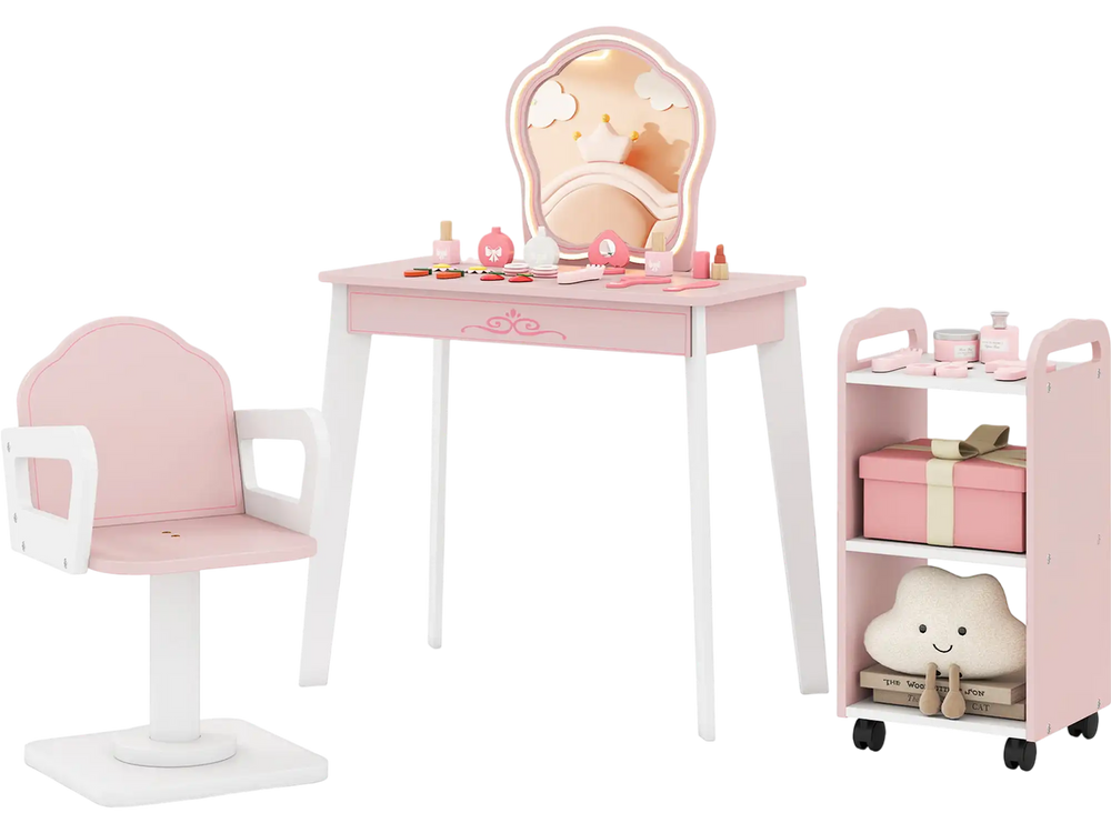 Wooden kids hair salon play set in pink featuring a lighted mirror, swivel chair, and rolling storage cart for.