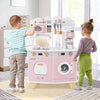 Wooden kids kitchen playset in pink featuring a coffee maker, microwave, and stove, perfect for imaginative play.