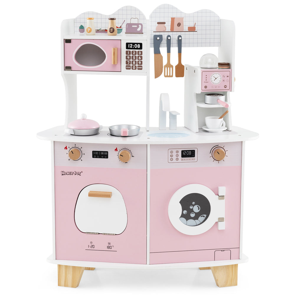 Wooden kids kitchen playset in pink featuring a coffee maker, microwave, oven, and sink for imaginative play.