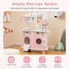 Wooden kids kitchen playset in pink with coffee maker, oven, and ample storage for cooking fun and organization.