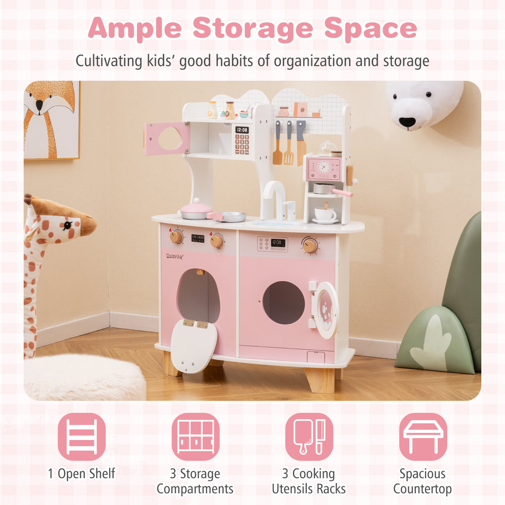 Wooden kids kitchen playset in pink with coffee maker, oven, and ample storage for cooking fun and organization.