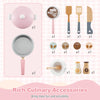 Wooden kids kitchen playset in pink featuring a coffee maker, utensils, and appliances for imaginative cooking fun.