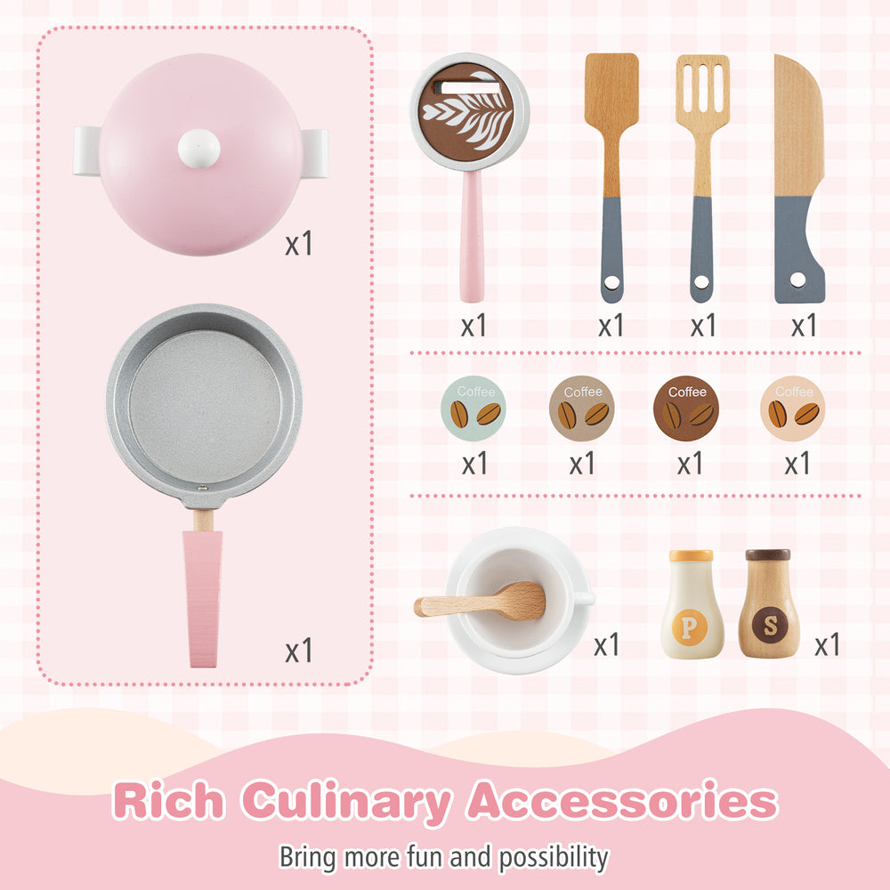 Wooden kids kitchen playset in pink featuring a coffee maker, utensils, and appliances for imaginative cooking fun.