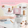 Wooden kids kitchen playset featuring a pink coffee maker, rotating knobs, and realistic coffee-making accessories for.