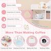 Wooden kids kitchen playset in pink featuring a realistic coffee maker, microwave, and stove for imaginative play.