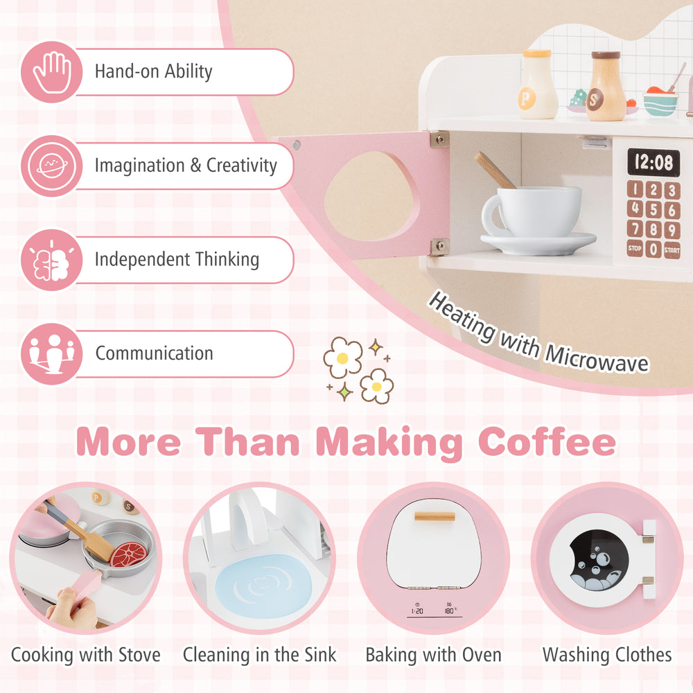 Wooden kids kitchen playset in pink featuring a realistic coffee maker, microwave, and stove for imaginative play.