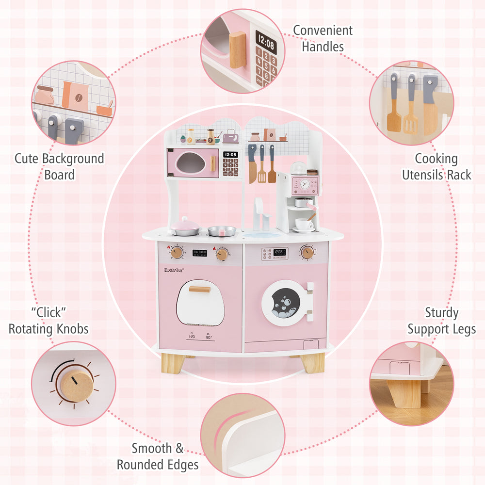 Wooden kids kitchen playset in pink featuring a coffee maker, oven, and rotating knobs for realistic play.
