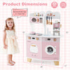 Wooden kids kitchen playset in pink featuring a coffee maker, oven, and utensils rack, perfect for imaginative play.