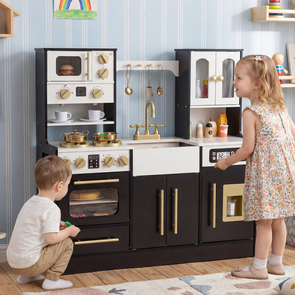 Wooden kids kitchen playset in black with realistic lights and sounds, featuring stoves, sink, and ample storage for.
