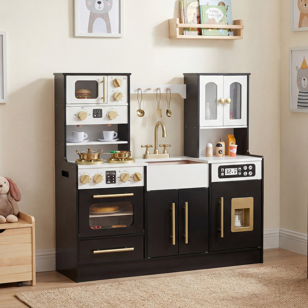 Wooden kids kitchen playset in black with realistic lights, sounds, and ample storage for imaginative play.