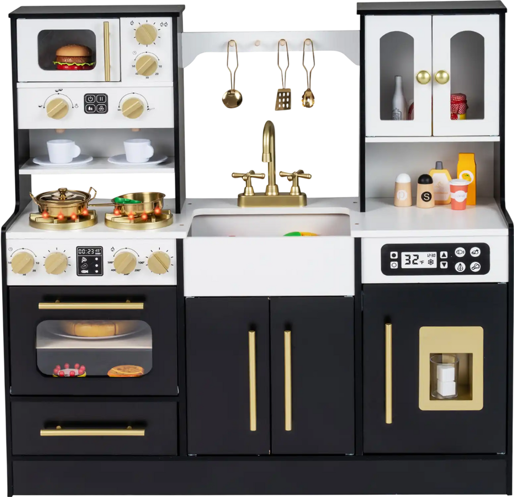 Wooden kids kitchen playset in black with realistic lights, sounds, and multiple interactive cooking elements for.