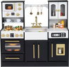 Wooden kids kitchen playset in black with realistic lights, sounds, and multiple interactive cooking elements for.