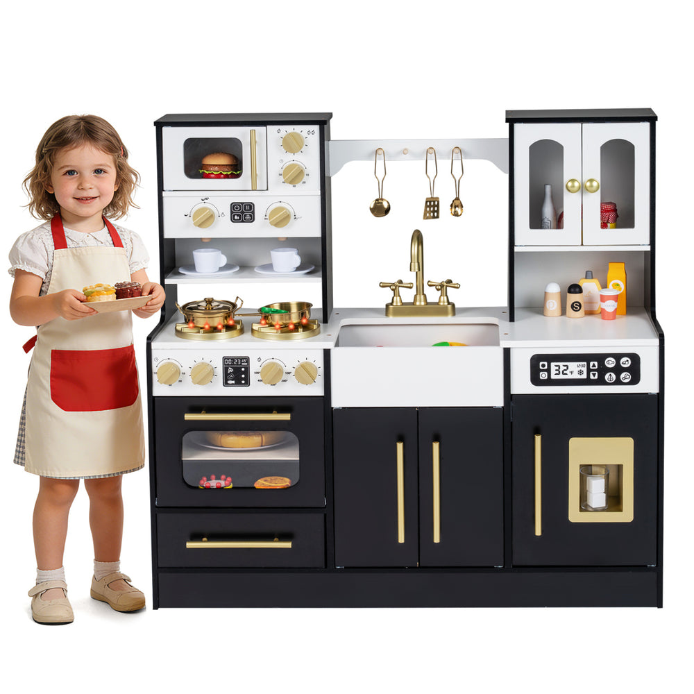 Front view of the Wooden Kids Kitchen Playset in black, showcasing the realistic stove, sink, and interactive elements.