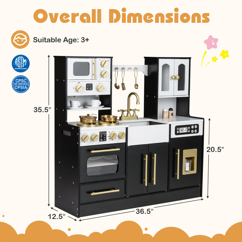 Side view of the Wooden Kids Kitchen Playset in black, highlighting the interactive faucet, oven, and storage features.