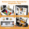 Wooden kids kitchen playset featuring a pretend sink, microwave, coffee maker, and oven for imaginative play.