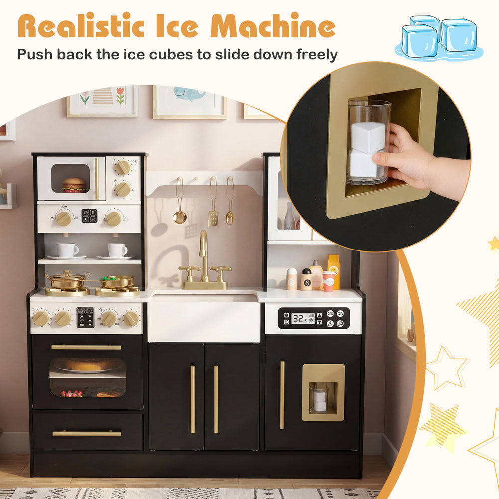 Realistic ice machine in a black wooden kids kitchen playset, designed for imaginative play and interactive cooking fun.