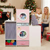 Wooden kids laundry playset in pink with washing machines, detergent bottle, and fabric storage for imaginative play.