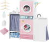 Wooden kids laundry playset in pink with washing machines, sink, detergent bottle, and hangers for imaginative role.