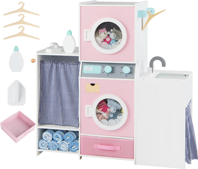 Costway Wooden Kids Laundry Playset w/ Detergent Bottle & Clothes Hangers 57253554 New