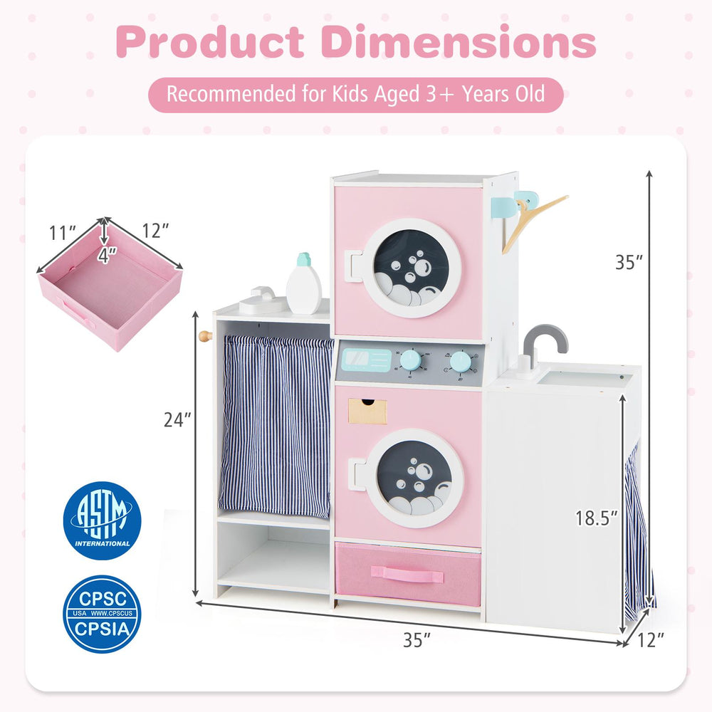 Wooden kids laundry playset in pink with washing machines, sink, and storage, designed for imaginative role play.