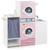 Wooden kids laundry playset in pink with washing machines, detergent bottle, and ironing board for imaginative play.