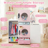 Wooden kids laundry playset in pink with washing machines, storage compartments, and accessories for imaginative play.
