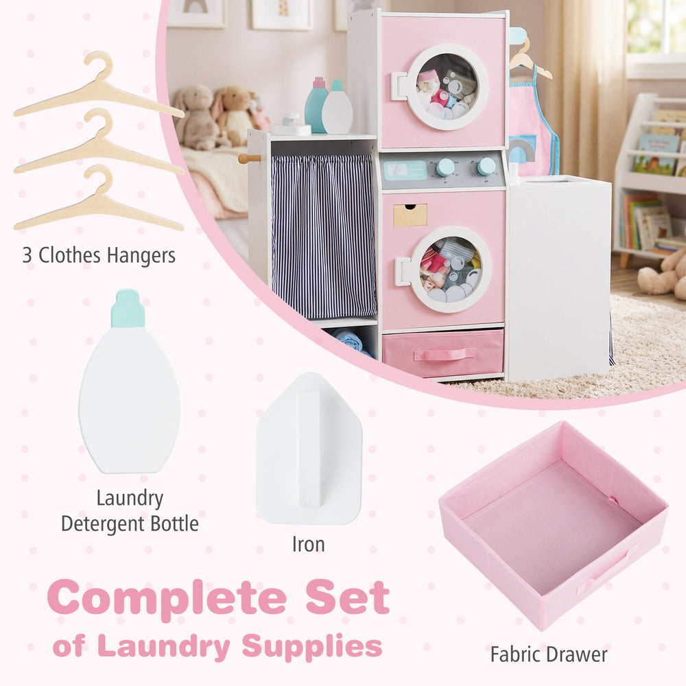 Wooden kids laundry playset in pink featuring a laundry detergent bottle and three clothes hangers for creative role.