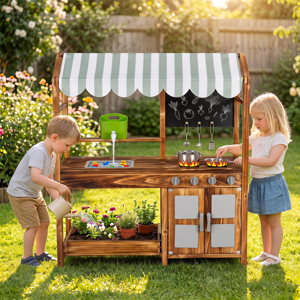 Wooden kids mud kitchen in brown with 4 stoves, chalkboard, and accessories for imaginative outdoor play.