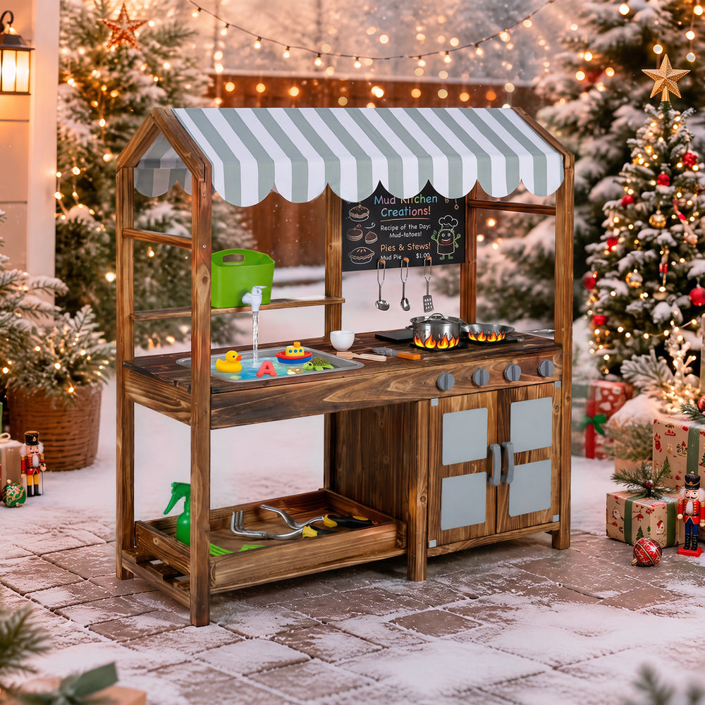Wooden kids mud kitchen in brown features 4 stoves, a chalkboard, and 8 accessories for imaginative outdoor play.