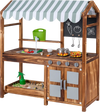 Wooden kids mud kitchen in brown with 4 stoves, sink, chalkboard, and 8 accessories for imaginative play.