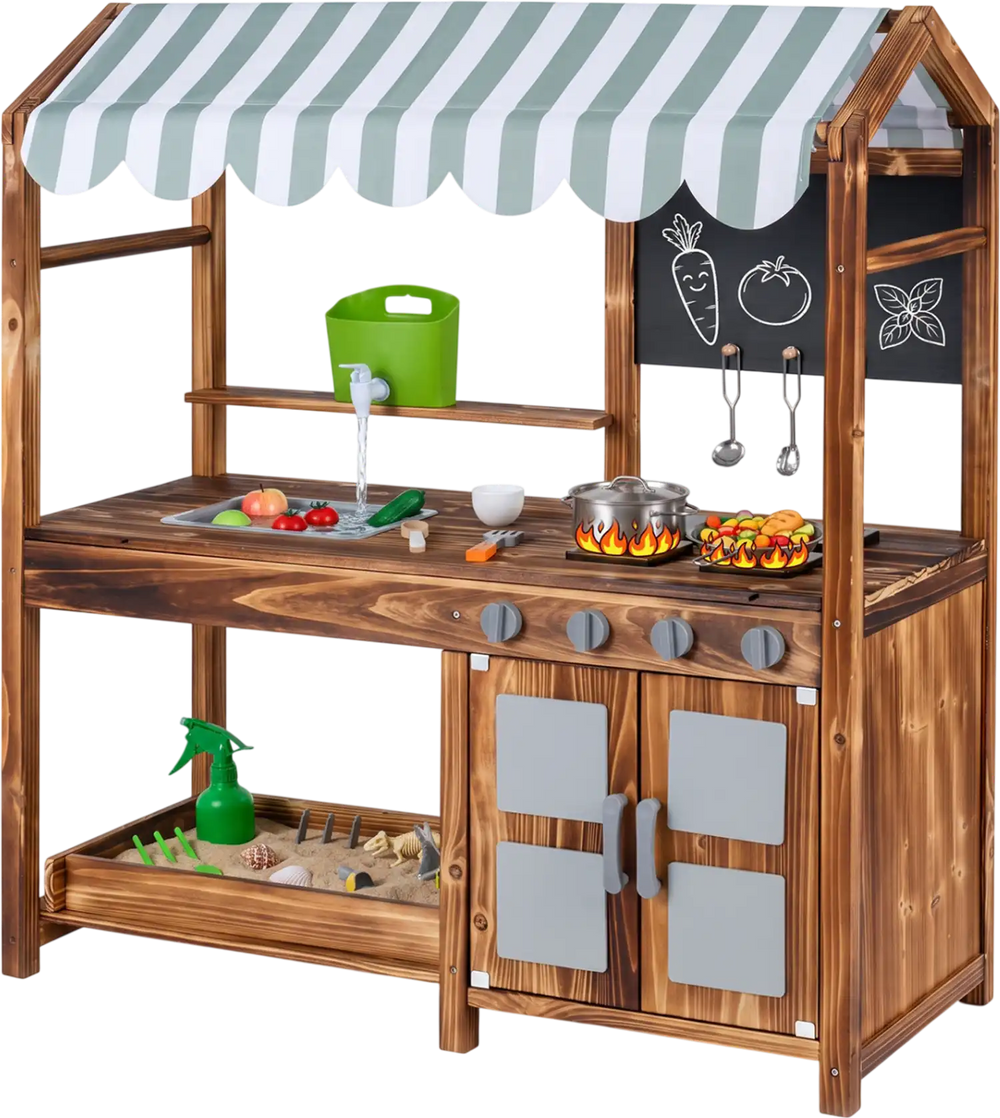Wooden kids mud kitchen in brown with 4 stoves, sink, chalkboard, and 8 accessories for imaginative play.