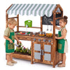Wooden kids mud kitchen in brown with 4 stoves, chalkboard, sink, and 8 accessories for imaginative outdoor play.