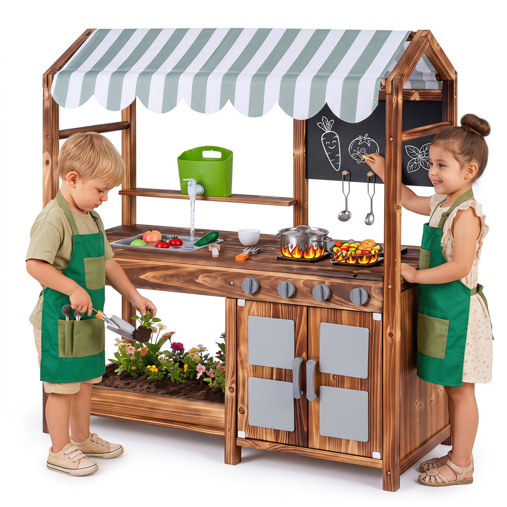 Wooden kids mud kitchen in brown with 4 stoves, chalkboard, sink, and 8 accessories for imaginative outdoor play.