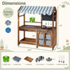 Wooden kids mud kitchen with 4 stoves, water sink, and 8 accessories for imaginative outdoor play and sensory exploration.