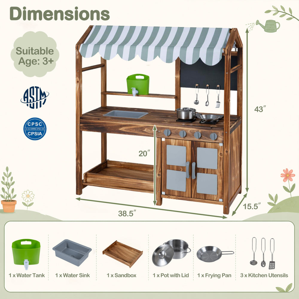 Wooden kids mud kitchen with 4 stoves, water sink, and 8 accessories for imaginative outdoor play and sensory exploration.