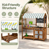 Wooden kids mud kitchen in brown features a decorative canopy, 4 stoves, and 8 accessories for imaginative play.