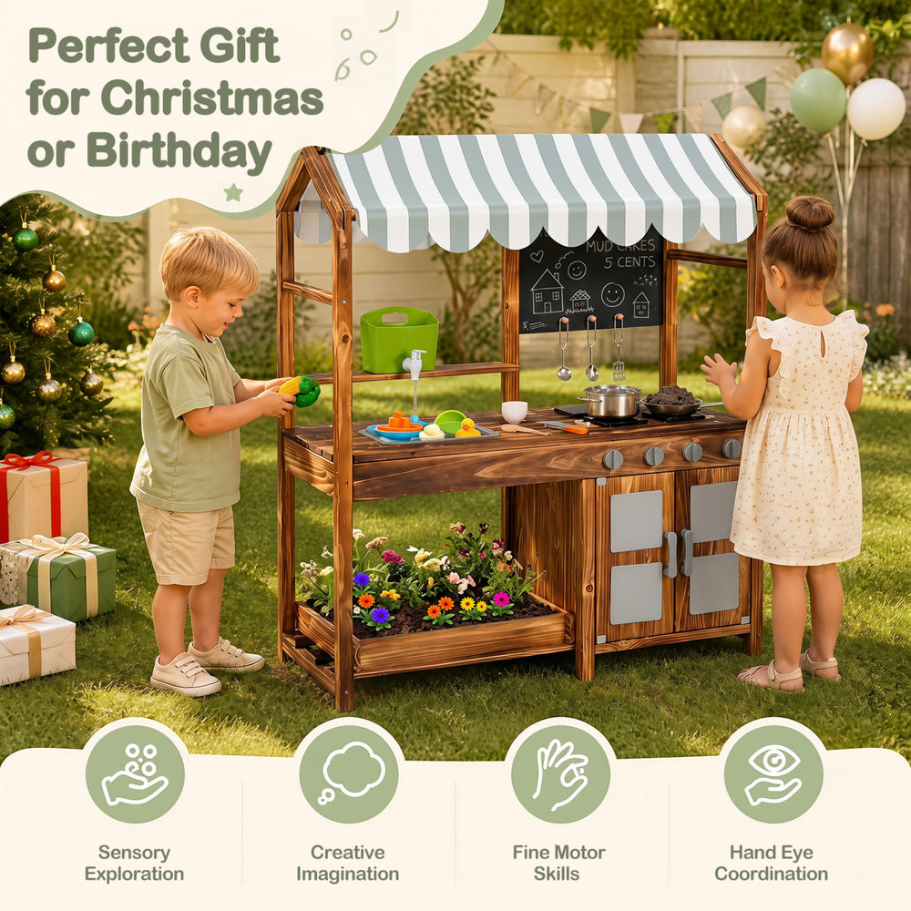 Wooden kids mud kitchen in brown features 4 stoves, a chalkboard, and 8 accessories for imaginative play and sensory exploration.