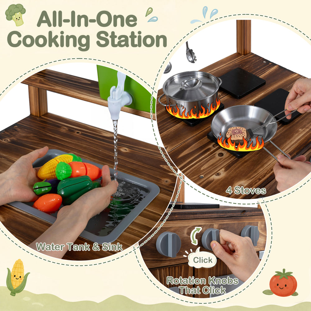 Wooden kids mud kitchen featuring a water tank, 4 stoves, and 8 accessories for imaginative outdoor play.