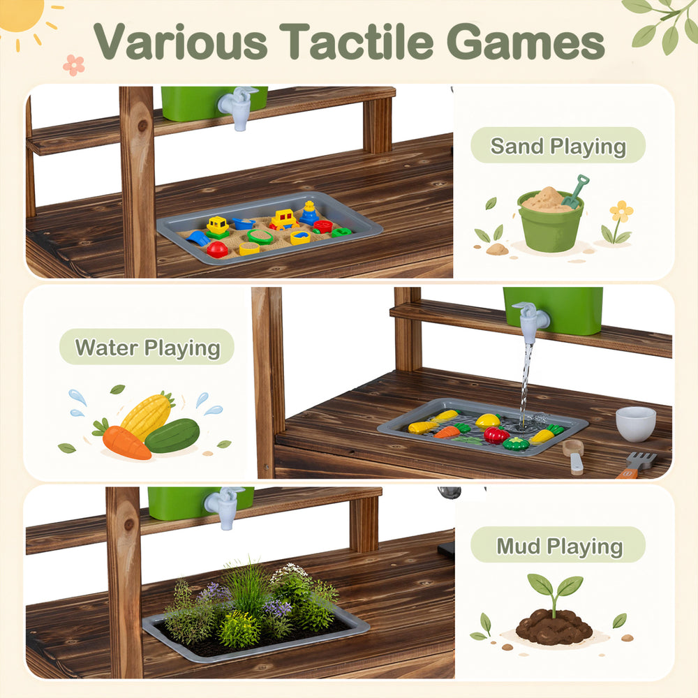 Wooden kids mud kitchen with water tank, sand and mud playing areas, and 8 accessories for imaginative play.