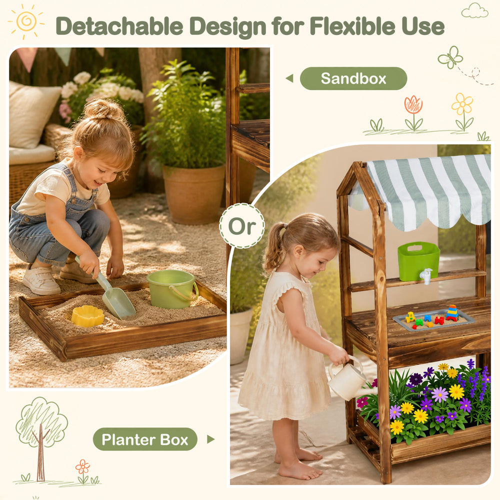 Wooden kids mud kitchen with detachable sandbox or planter box, featuring 8 accessories and a decorative canopy.