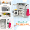 Wooden kids play kitchen playset in gray featuring realistic lights, sounds, and ample storage for imaginative play.