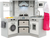 Wooden kids play kitchen playset in gray with realistic lights, sounds, and accessories for imaginative play.