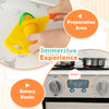 Wooden kids play kitchen playset with realistic lights and sounds, featuring a preparation area and rotary knobs for.