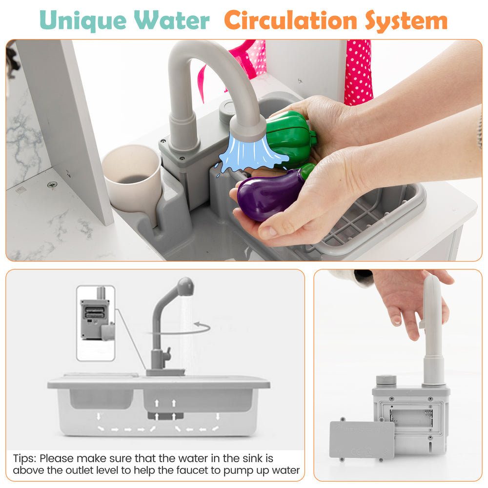 Faucet with automatic water circulation in the Wooden Kids Play Kitchen Playset, enhancing imaginative play for.