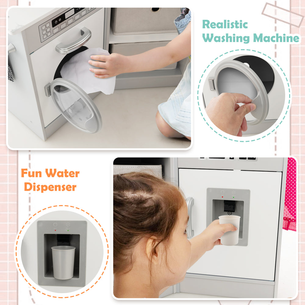Kids play kitchen set featuring a realistic washing machine and fun water dispenser for imaginative play and.