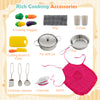 Colorful cooking accessories including a chef hat, apron, pot, pan, and cutting veggies for kids' imaginative play.