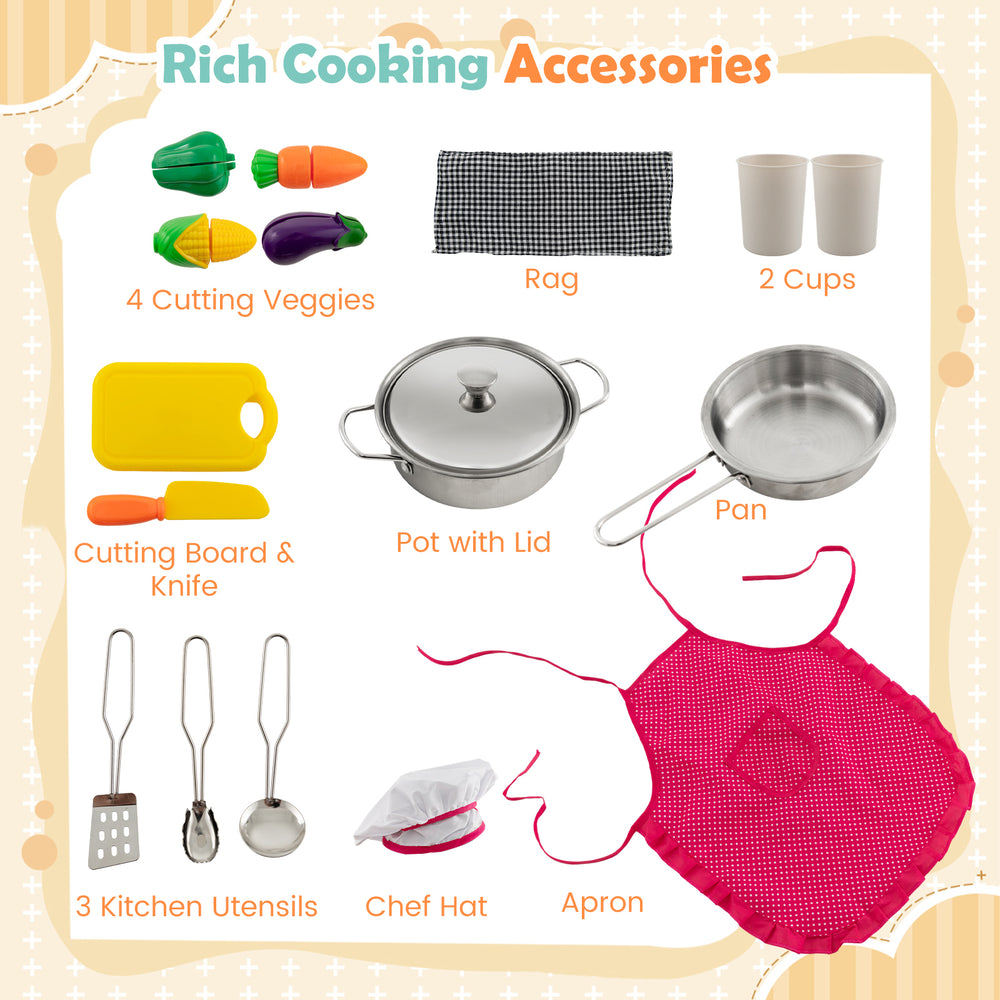 Colorful cooking accessories including a chef hat, apron, pot, pan, and cutting veggies for kids' imaginative play.