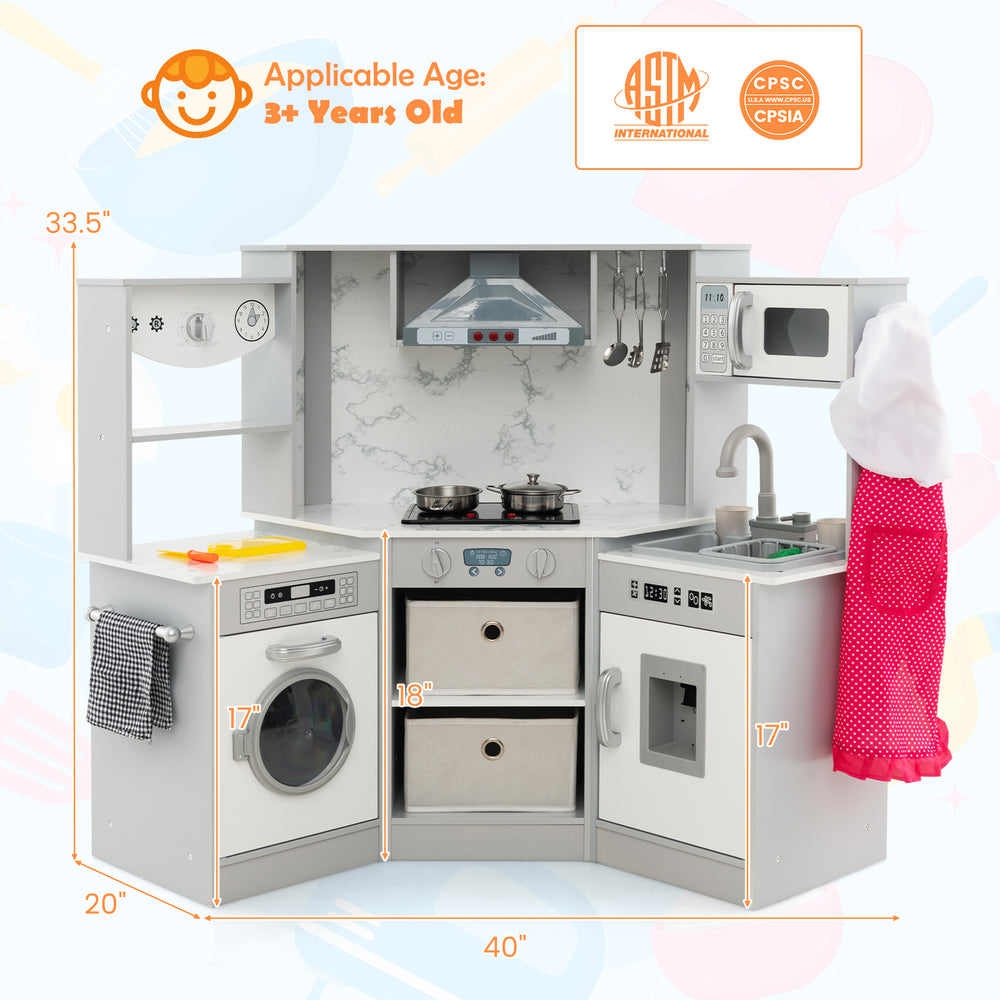 Wooden kids play kitchen playset in gray with realistic lights and sounds, perfect for imaginative play and.
