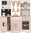 Wooden kids pretend play toy kitchen in pink features a microwave, coffee maker, and accessories for imaginative cooking fun.