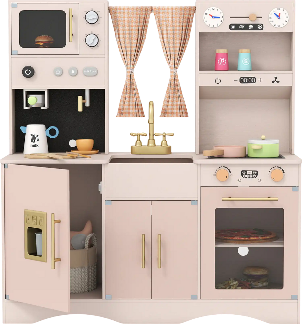 Wooden kids pretend play toy kitchen in pink features a microwave, coffee maker, and accessories for imaginative cooking fun.